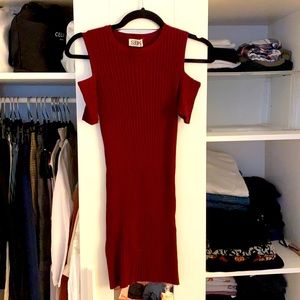 Cold shoulder ribbed burgundy sweater dress